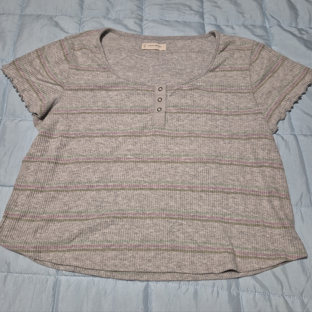 Lucky Brand Tee - Gray with Pink and Green Stripes